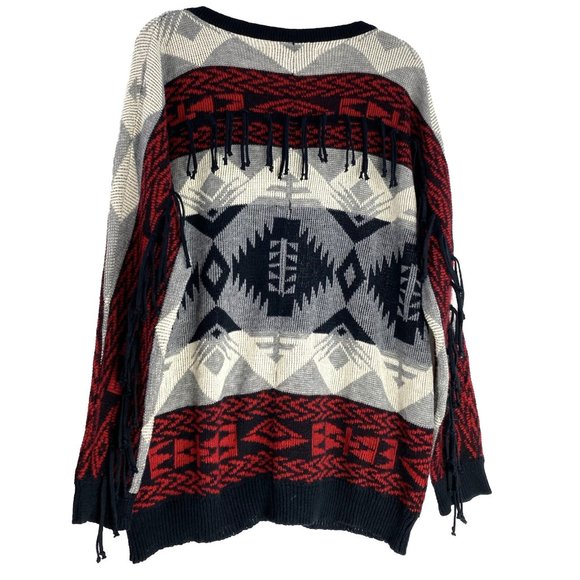 VINTAGE HAVANA Fringed Tribal Aztec Boho Sesign woman Sweater Charcoal- Red S - Picture 3 of 12